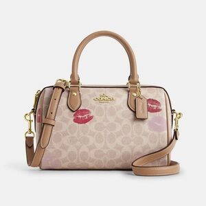 Coach Tan Leather-Trim Satchel with Pink Kiss Print